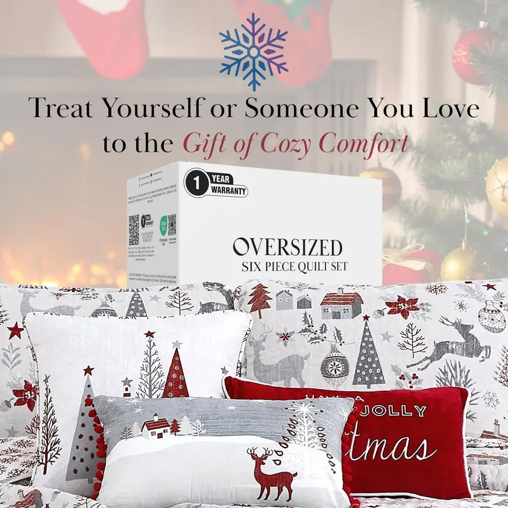Holly Jolly Chrisas Quilt Set with day Throw Pillows and Shams, Sot day Bedding Set or Queen/ull Size Bed, 6-Piece w/Chrisas Tre