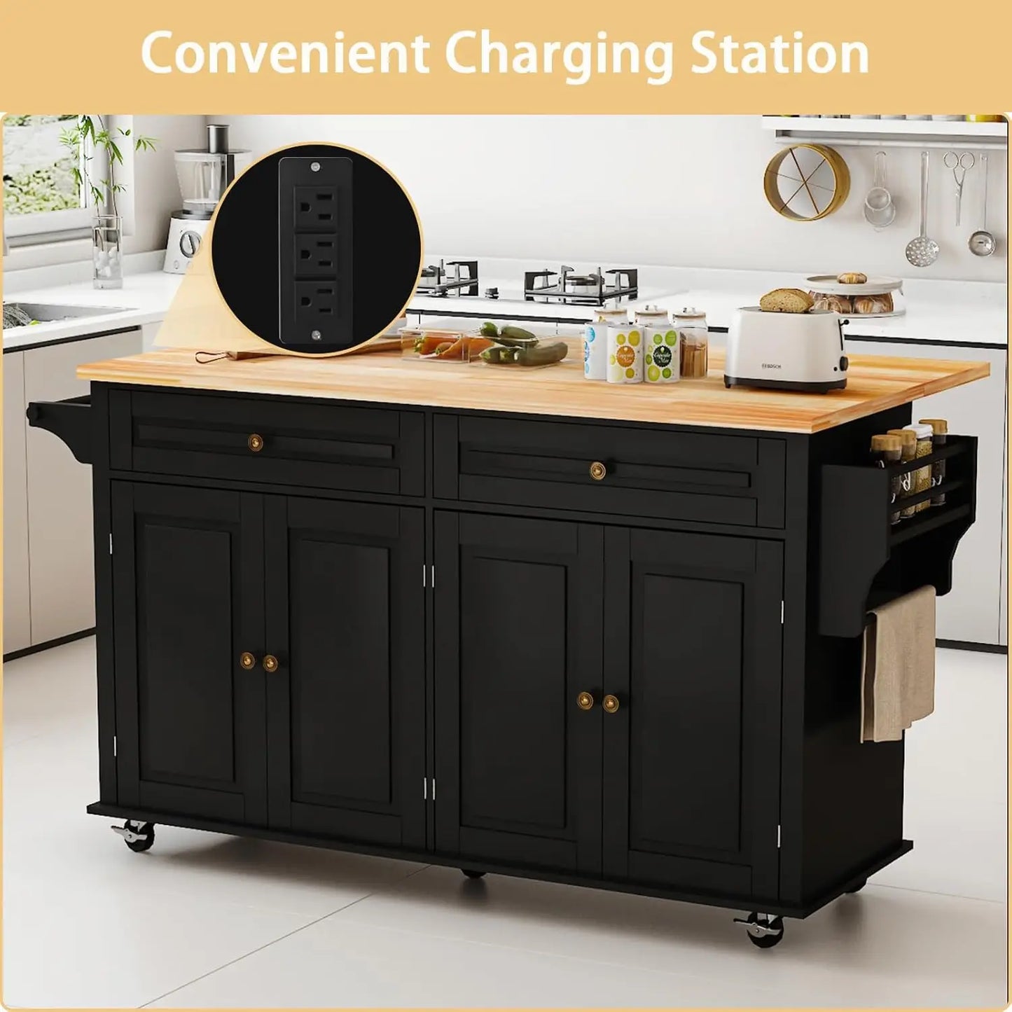 Movable Kitchen Island With Drop Leaf And Power Outlet Lockable