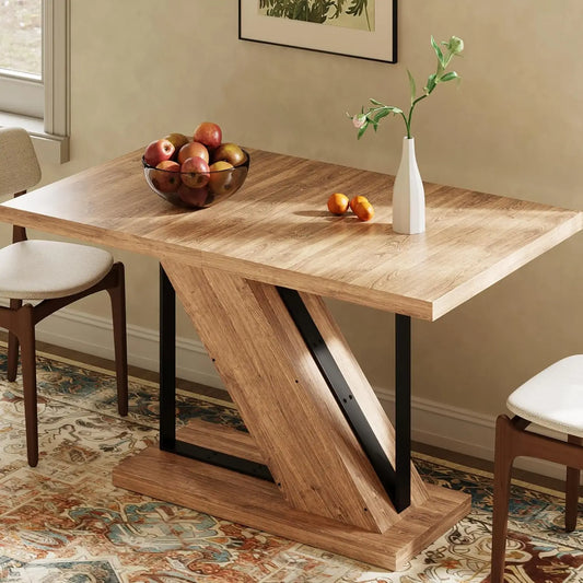 Farmhouse Dining Table For 4 With Heavy Duty Z Shaped Pedestal Modern Wood