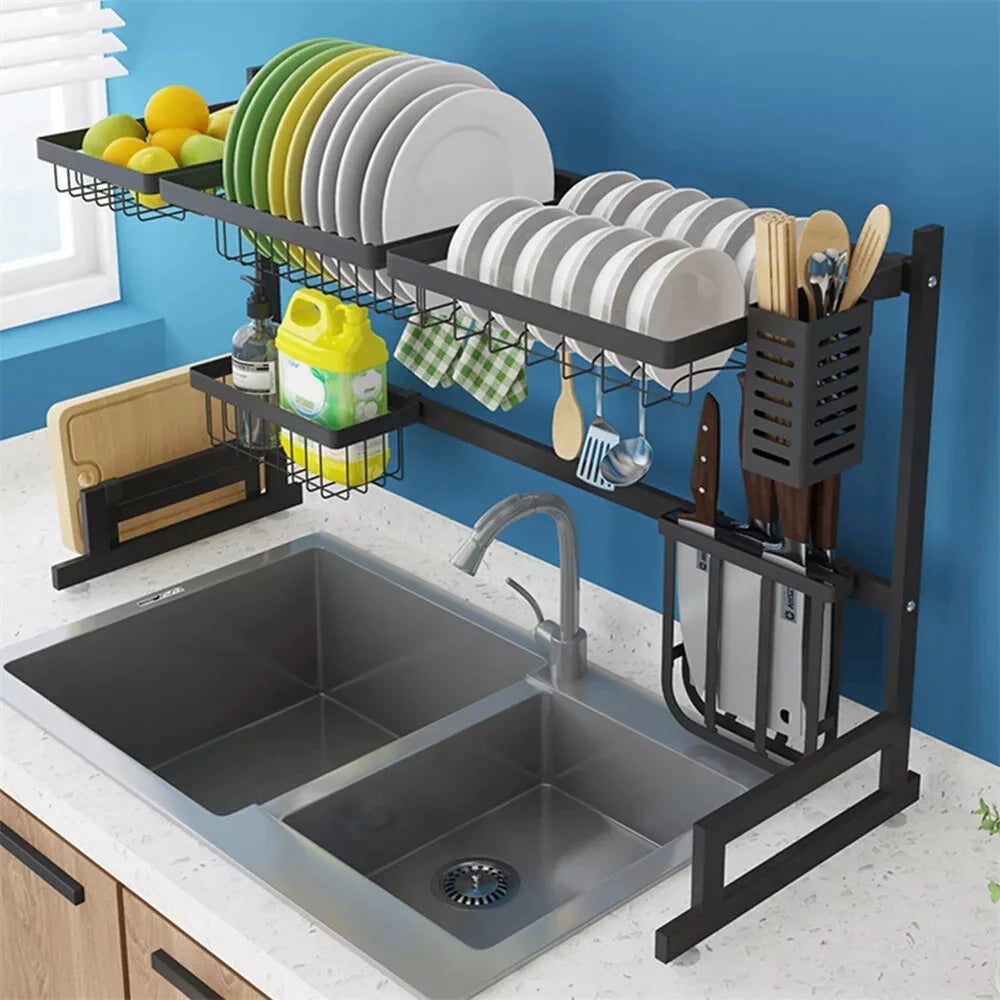 Dish Drying Rack - Over The Sink Dish Drainer Drying Rack with Utensil & Knife Holder, Hooks, Stainless Steel Kitchen Organizers