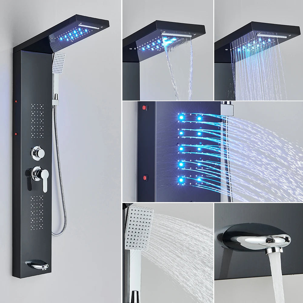 Black/Brushed Bathroom Shower Faucet LED Rainfall Head Shower Panel Set Bathtub Mixer Tap With Hand Sprayer Temperature Screen
