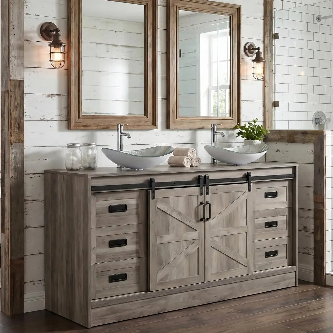 60" Barn Door Bathroom Vanity with 6 Drawers and Two Doors, Farmhouse Style Standing Pedestal Cabinet with Two Blue, Custom