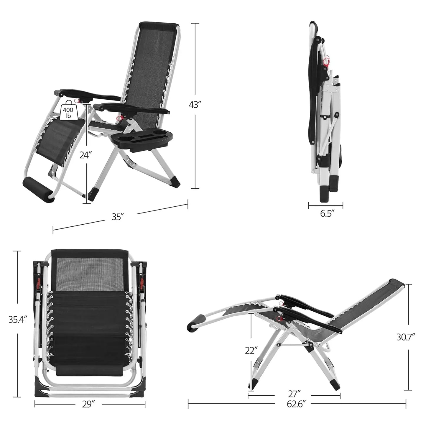 29in Zero Gravity Chair, Foldable Premium Reclining Lounge Recliner w/Removable Pad & Pillow & Side Accessory Tray for, Custom