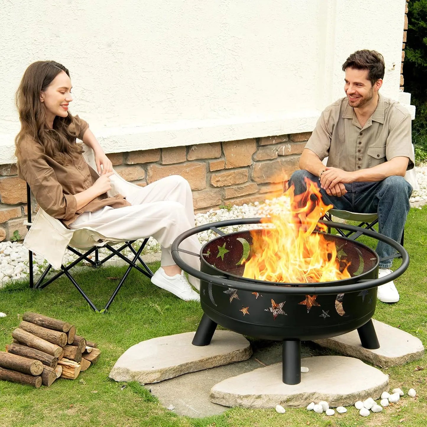 Fire Pit Star Moon Design Outdoor Metal Wood Burning