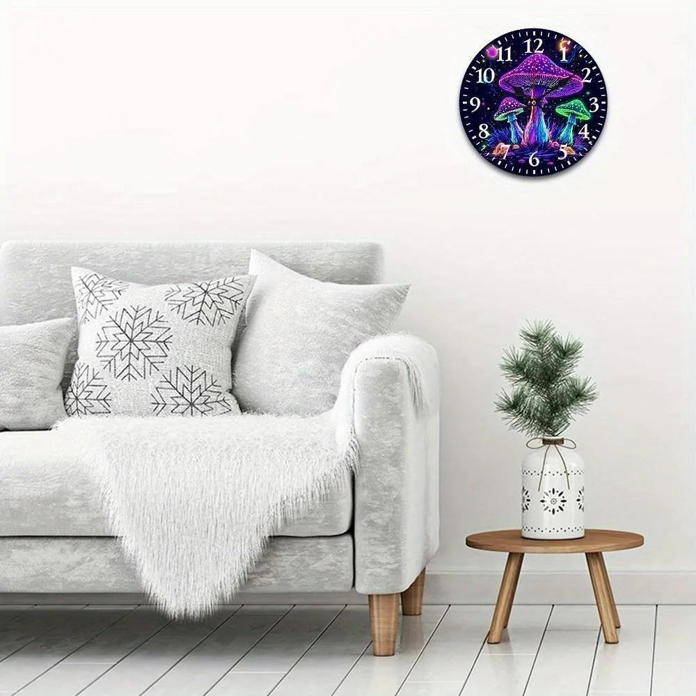 2D Flat Glowing Mushroom Themed Wall Clock Features a Silent Quartz Movement.It Is an Choice Wall Decoration, an Excellent Birth