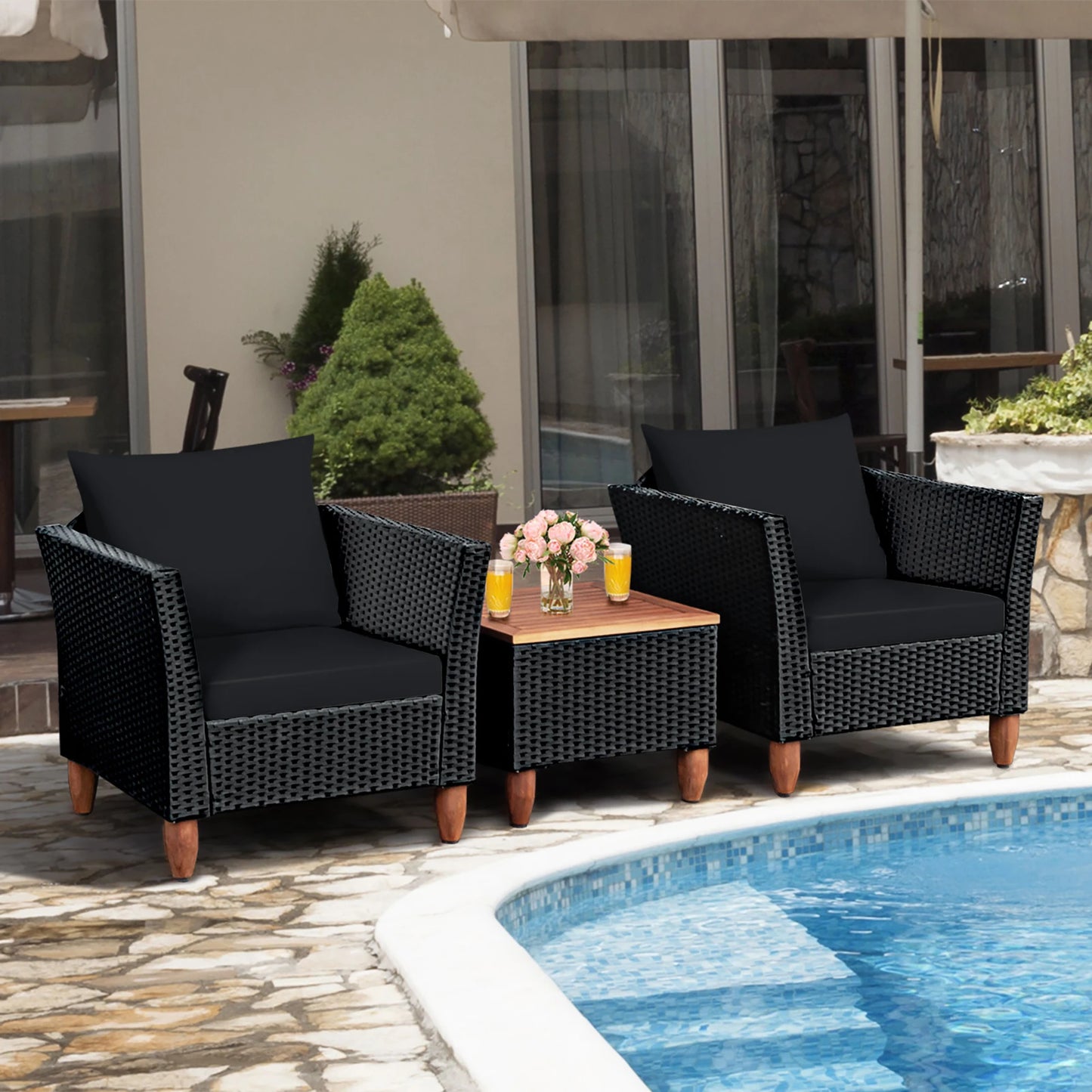 3PCS Outdoor Patio Rattan Furniture Set Wooden Table Top Cushioned Sofa Black