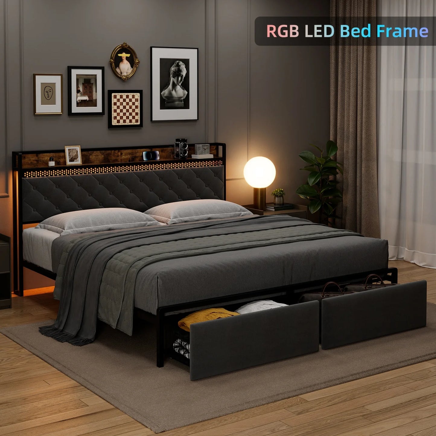Bed Frame with Headboard,Modern Linen Upholstered Bed Frame with Strorage Drawers,Charging Station,Led Light, Metal Slat Support