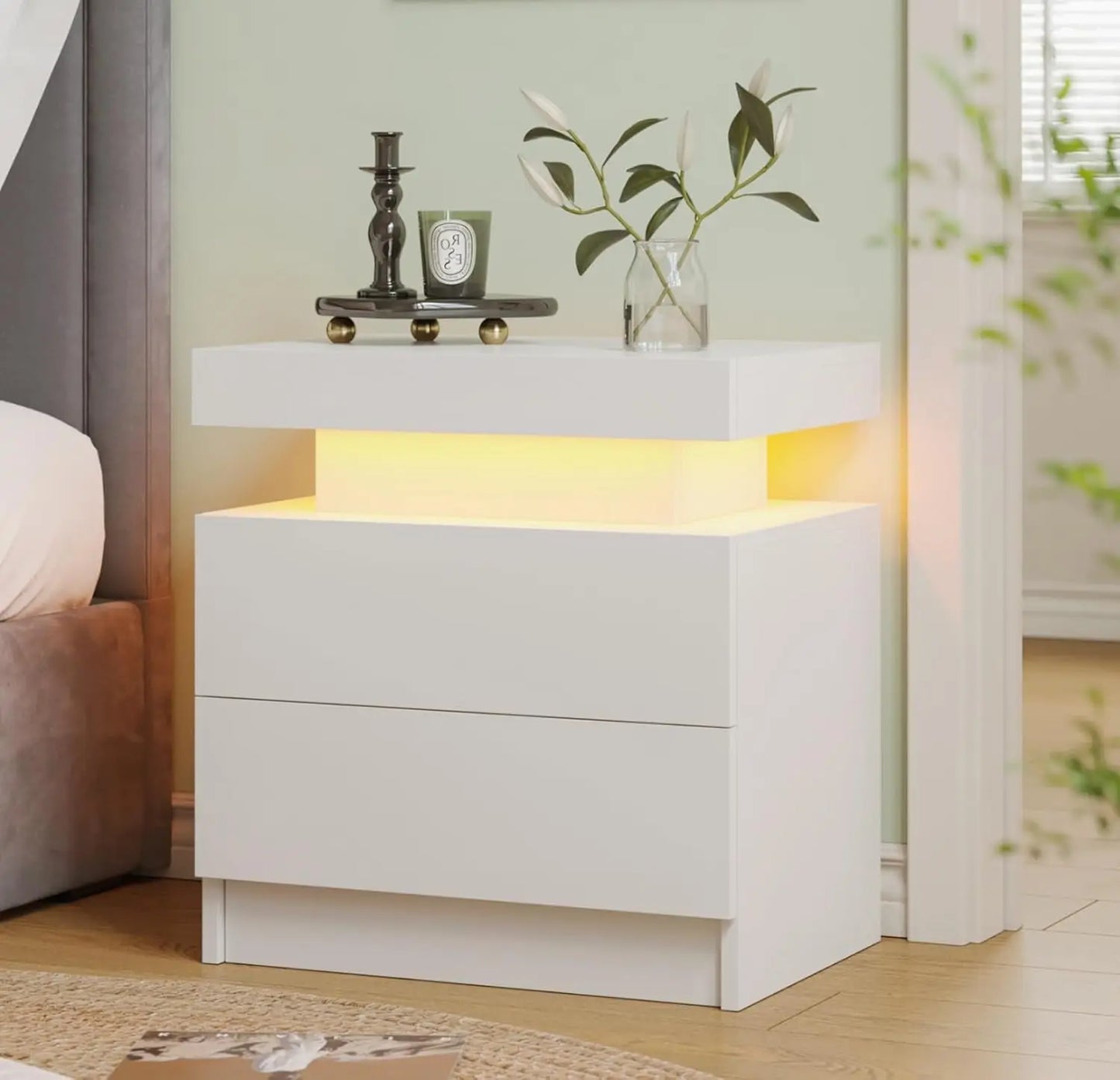 White LED Nightstand With Two Wood Drawers Bedside Table
