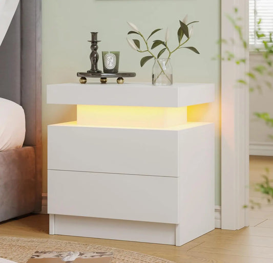 White LED Nightstand With Two Wood Drawers Bedside Table