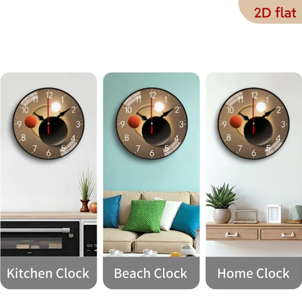 1pc 2D Planar Geometric Lamp Silent Round Wall Clock | Wooden Frame, Wall-Mounted, Wooden Quartz Design, Suitable for Indoor and