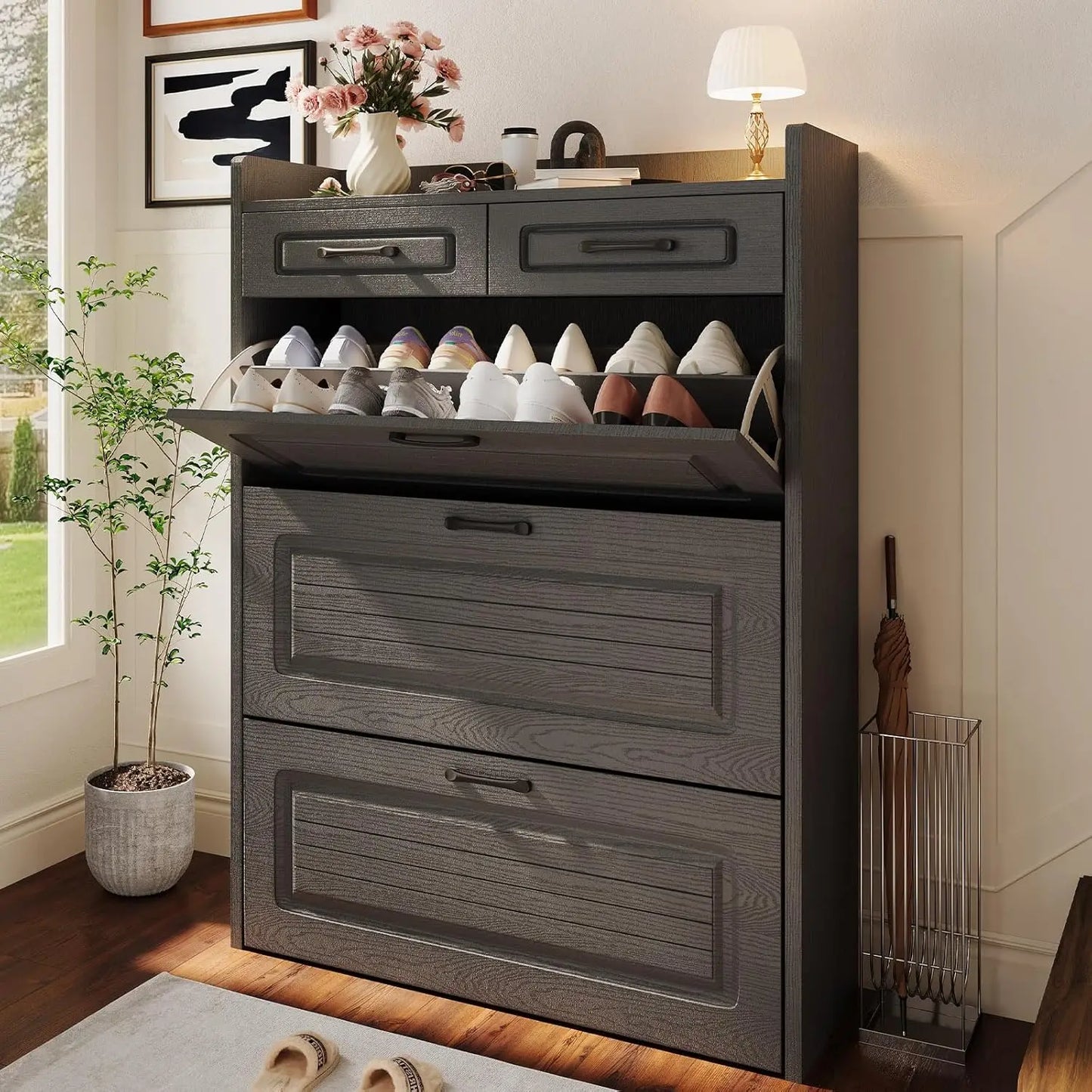 3-Drawer Flip-Top Slim Shoe Cabinet with 2 Storage Drawers Narrow Entryway Hallway Organizer, Custom