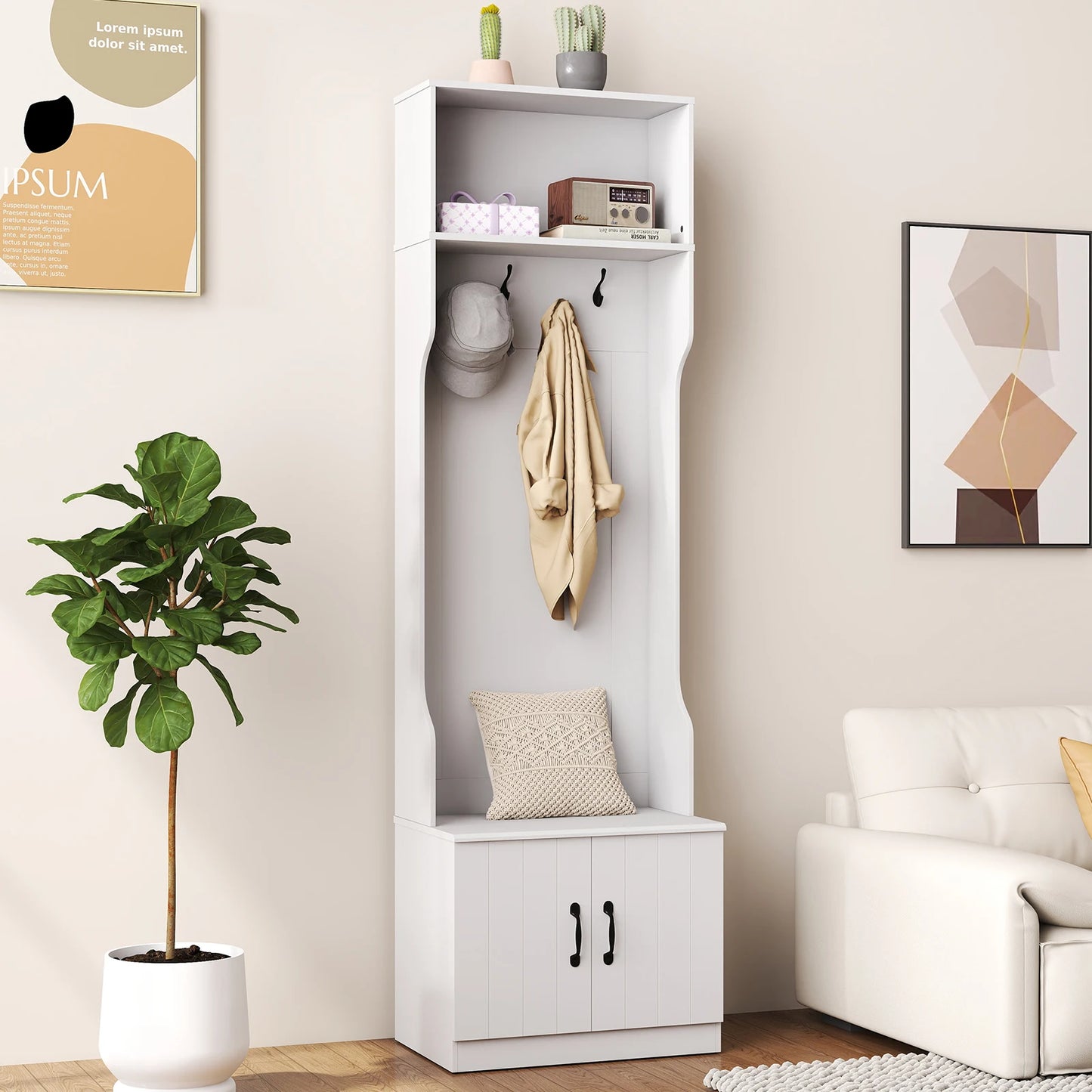 3-in-1 Hall Tree w/ Bench Storage Adjustable Shelves Hanging Hooks for Entryway