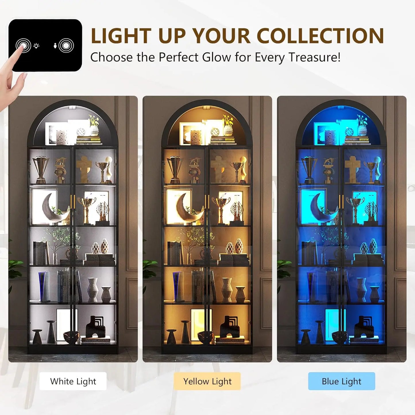ZHILU Arch Display Cabinet With Doors And Adjustable Shelves LED
