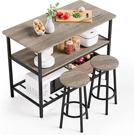 Island Table with Seating and Storage, Stationary Kitchen Storage Islands with 3 Shelves, Wooden Counter Height Table Top w