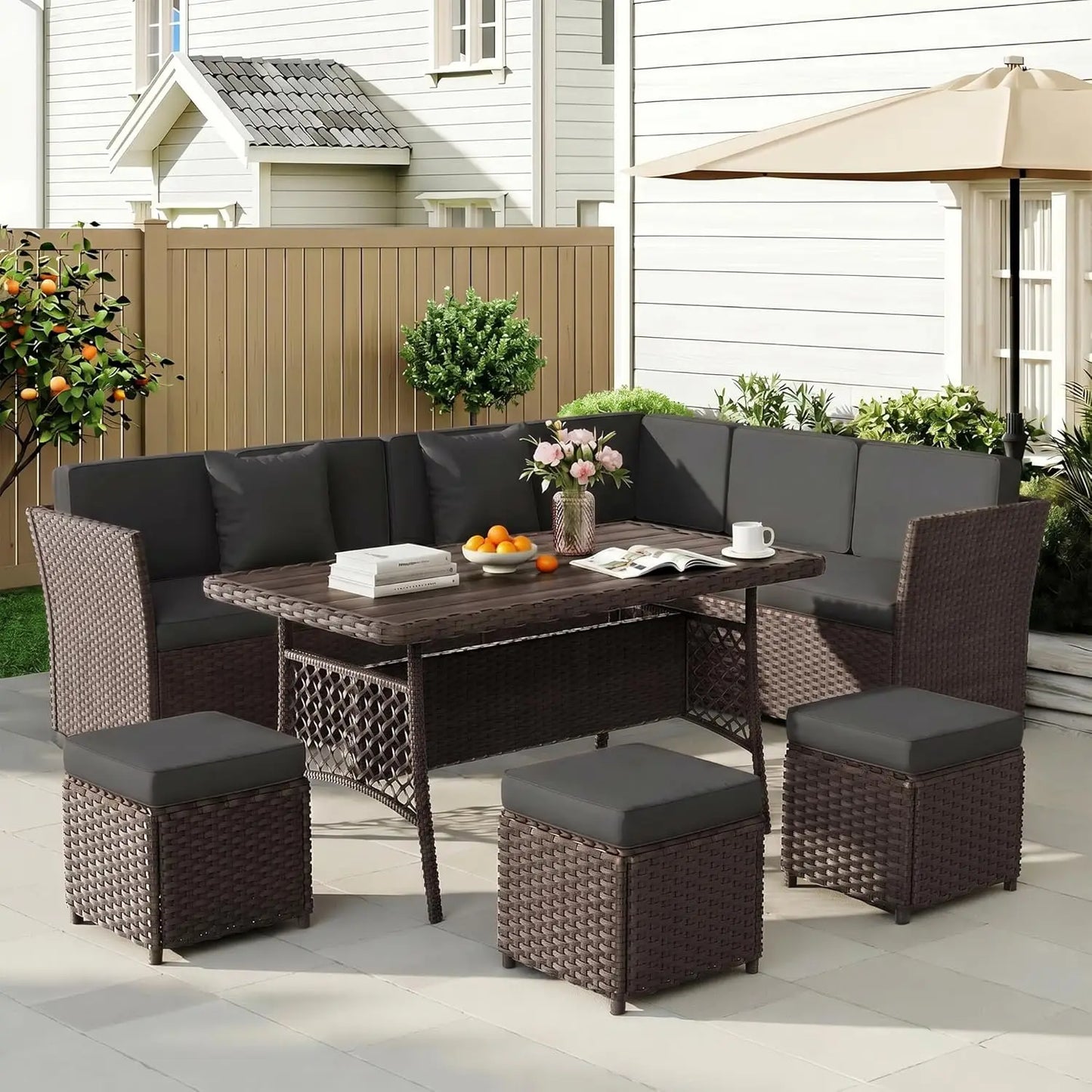 7 Pieces Patio Furniture Set, Outdoor Patio Furniture, Wicker Conversation Set with Dining Table, Chairs and Ottoman, Custom