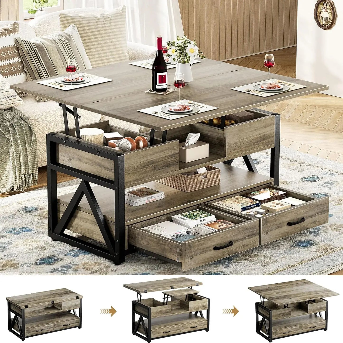 40" Lift Top Coffee Table,4 in 1 Multi-Function Lift Coffee Tables with Storage Drawers and Hidden Compartmen,Farmhouse, Custom