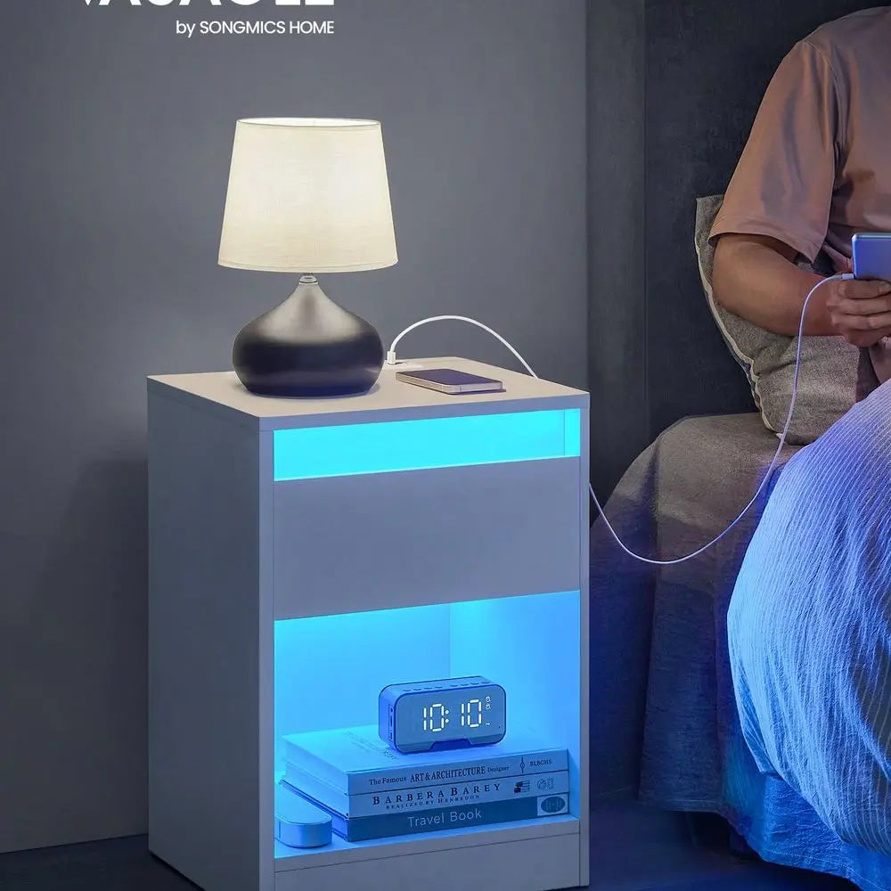 Nightstand With Charging Station, Adjustable Light Colors, 2 AC Outlets, 2 Ports, Bedside Table, Side Table With