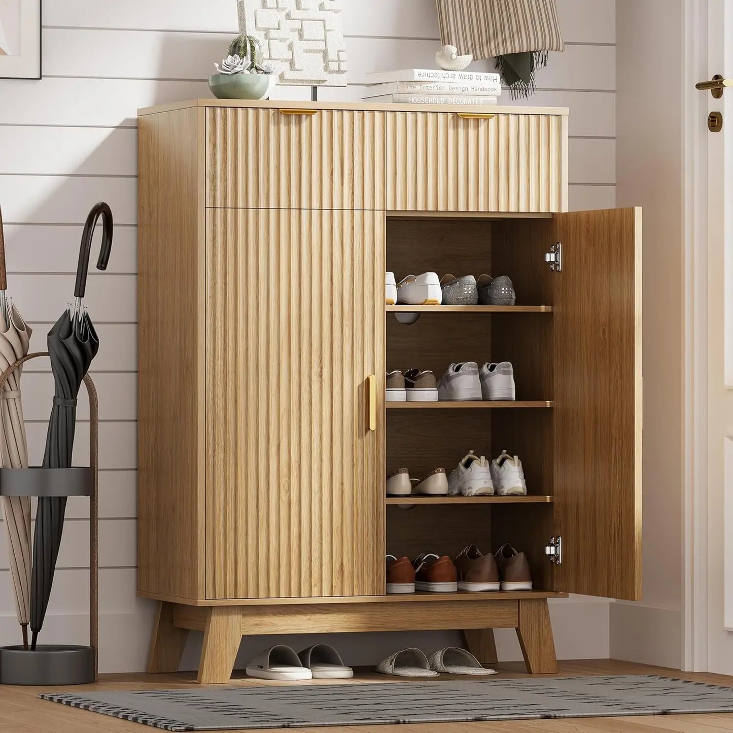 Shoe Cabinet Storage for Entryway with Doors, 4 Tier Fluted Shoe Organizer with 2 Drawers, Entryway Shoe Storage with, Custom