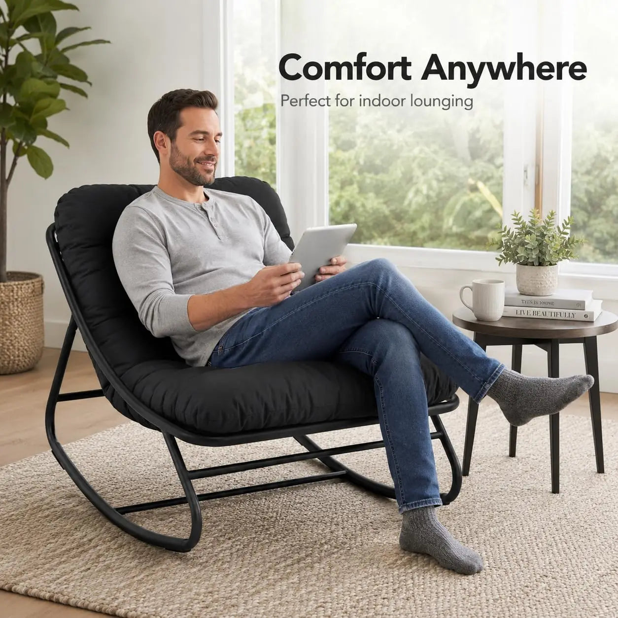 Oversized Patio Rocking Chair – Heavy Duty Metal Frame, Thick Waterproof Cushion, Ergonomic Comfy Lounge Rocker, 400 lbs Capacity, for Outdoor Porch, Garden, Balcony, Backyard