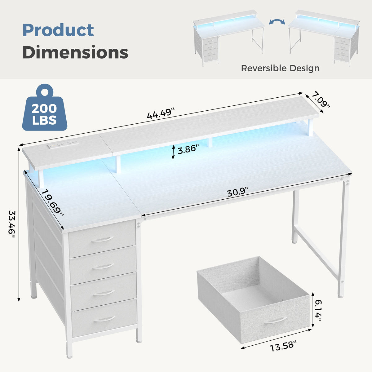 JHK Gaming Desk with Drawers, Power Outlets and LED Lighting