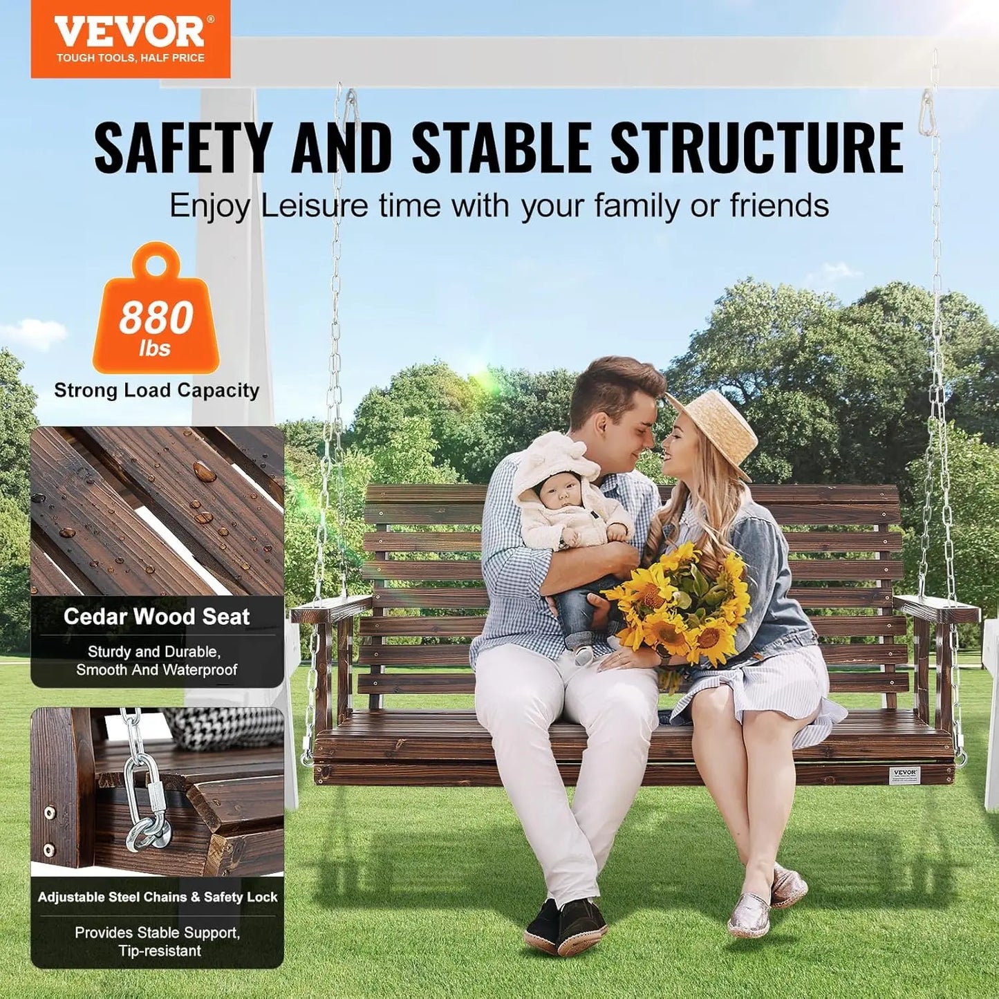 Outdoor Wooden Porch Swing Heavy Duty Hanging Bench Chair Patio