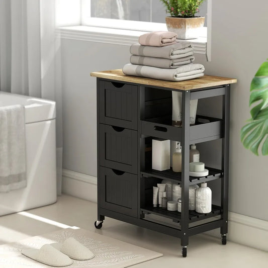 Rolling Kitchen Island Cart With Wood Top And Shelves