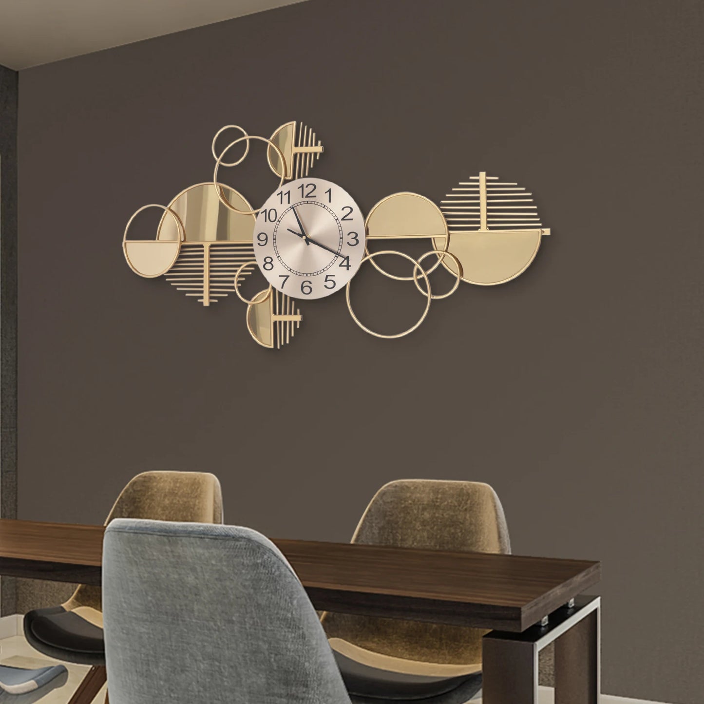 Geometric Wall Clock, 86x43cm Gold Iron Forged Timepiece, Silent Quartz Movement Clear Arabic Numerals Multi-position Hanging Slots Indoor Wall Decor For Living Room Office Cafe