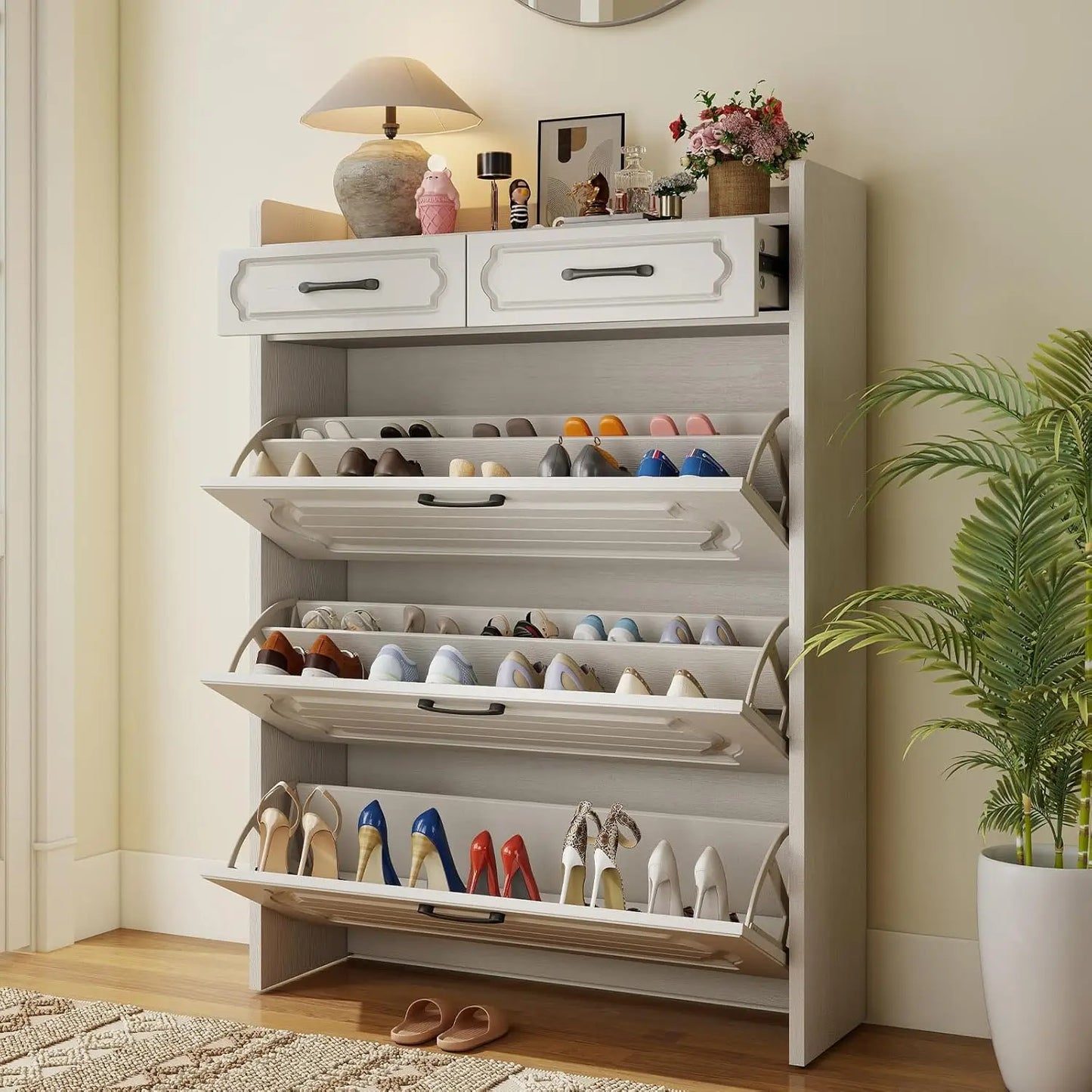 3-Drawer Flip-Top Slim Shoe Cabinet with 2 Storage Drawers Narrow Entryway Hallway Organizer, Custom