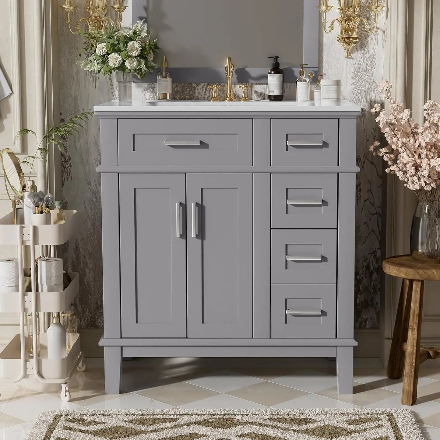 30" Bathroom Vanity with Ceramic Sink, Modern Freestanding Storage Cabinet with Sink Suite Set, Soft Closing Door,, Custom