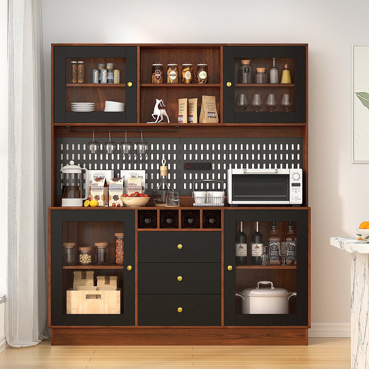 VOWNER Pantry Cabinet Freestanding Kitchen Storage Buffet Hutch With Pegboard