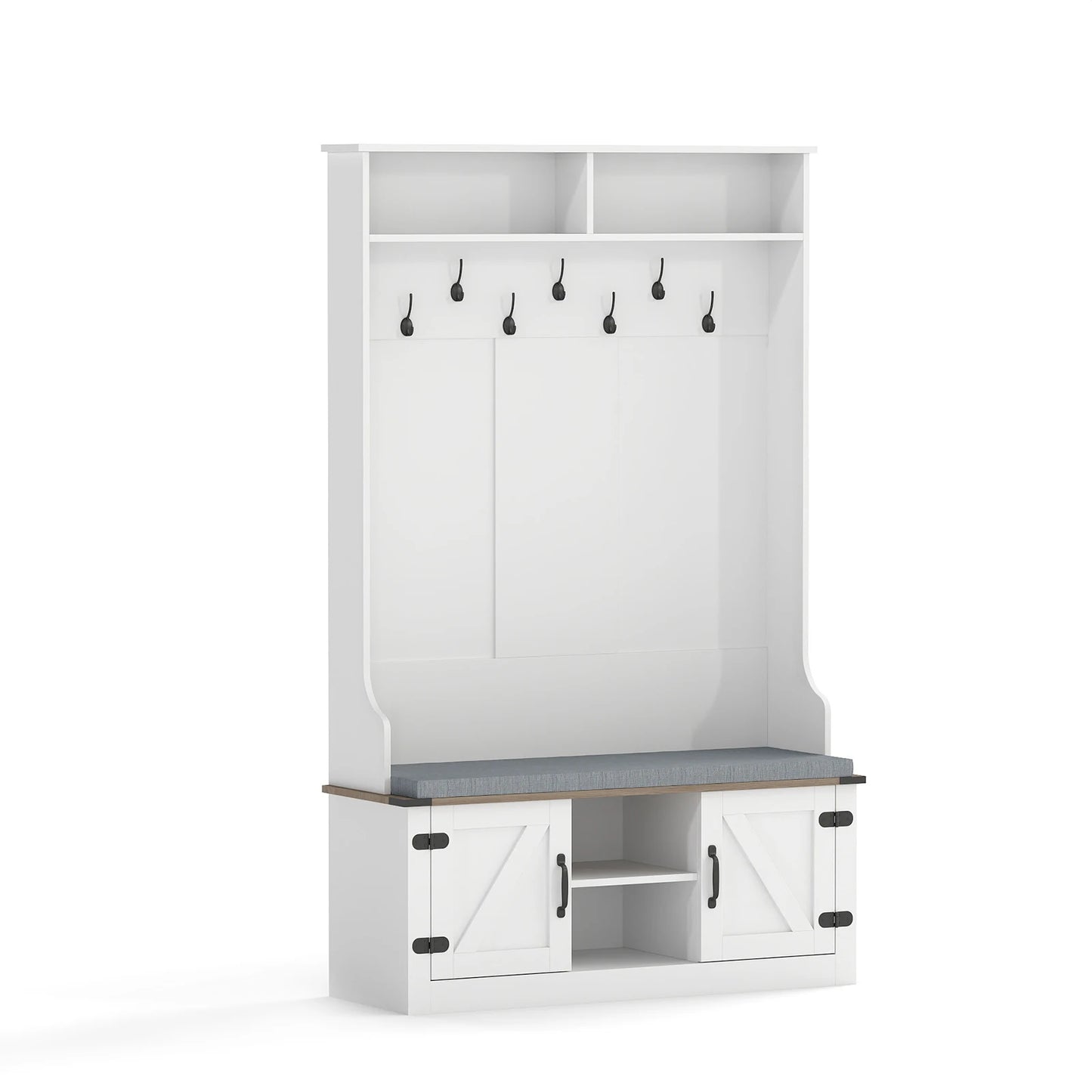 68. 5” 4-in-1 Hall Tree w/ Cushioned Bench Shoe Storage 7 Hooks 2 Cabinets White