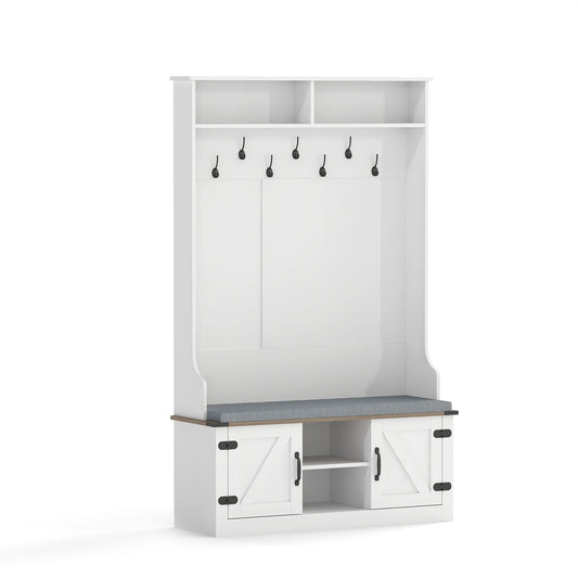68. 5” 4-in-1 Hall Tree w/ Cushioned Bench Shoe Storage 7 Hooks 2 Cabinets White