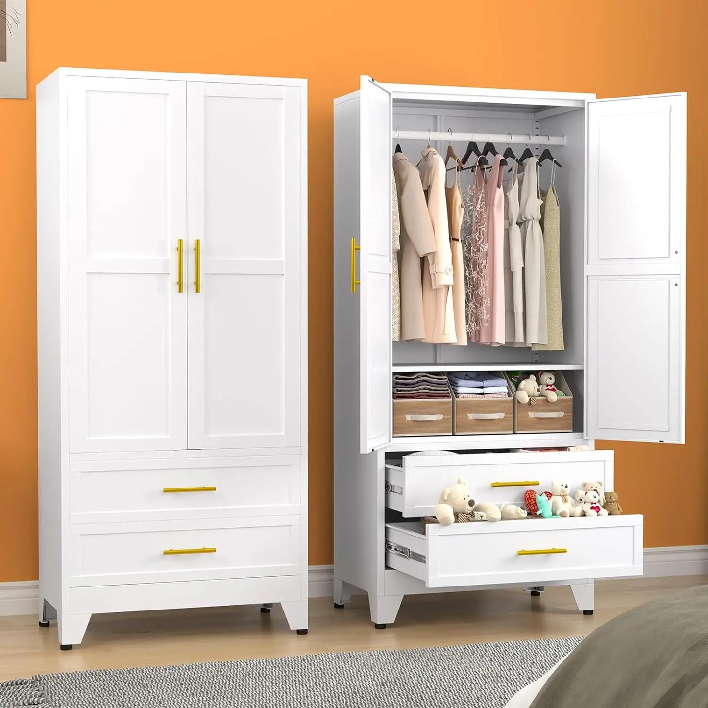 Metal Armoire Wardrobe Closet, 71 "Metal Clothing Storage Cabinet with Adjustable Shelves and Hanging Rod, Household, Custom