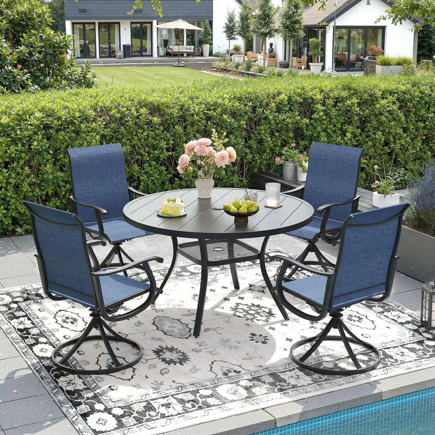Outdoor Patio Dining Set With Four Textilene Swivel Chairs And Round Table