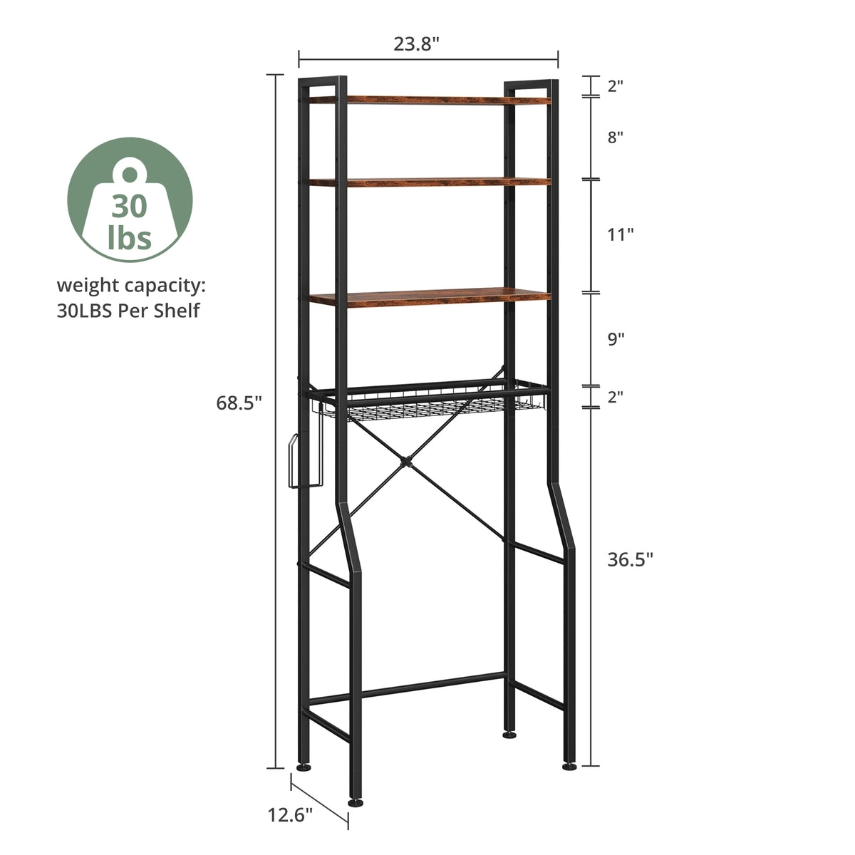 JHK 4-Tier Freestanding Bathroom Organizer Shelf Over Toilets with Adjustable Storage Rack Shelf and Basket Space Saver Above Toilet Storage Cabinet with 3 Hooks for Rooms