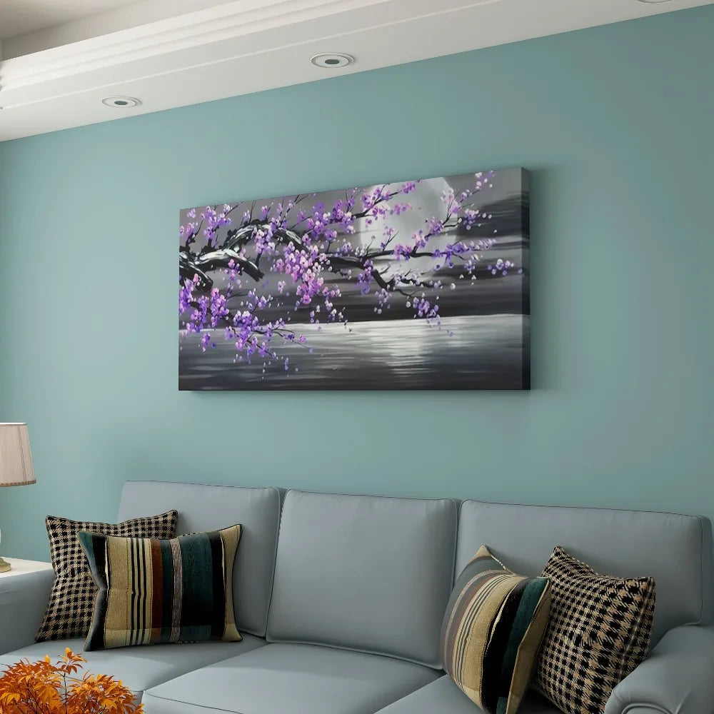 Modern abstract 1 1.5-inch thick pine wood frame large mural, purple flower and full moon design, interior decoration