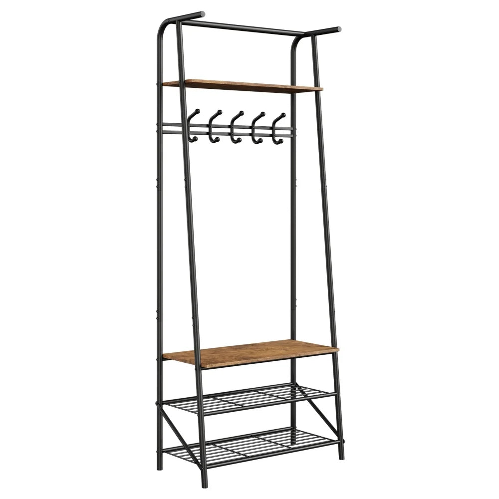 Coat Rack Hallway Tree With Shoe Storage Bench 4-In-1 Entryway Hallway Tree With Hooks Steel Frame Storage Shelf