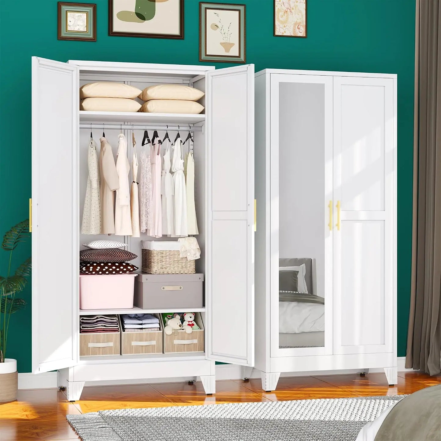 Metal Armoire Wardrobe Closet, 71 "Metal Clothing Storage Cabinet with Adjustable Shelves and Hanging Rod, Household, Custom
