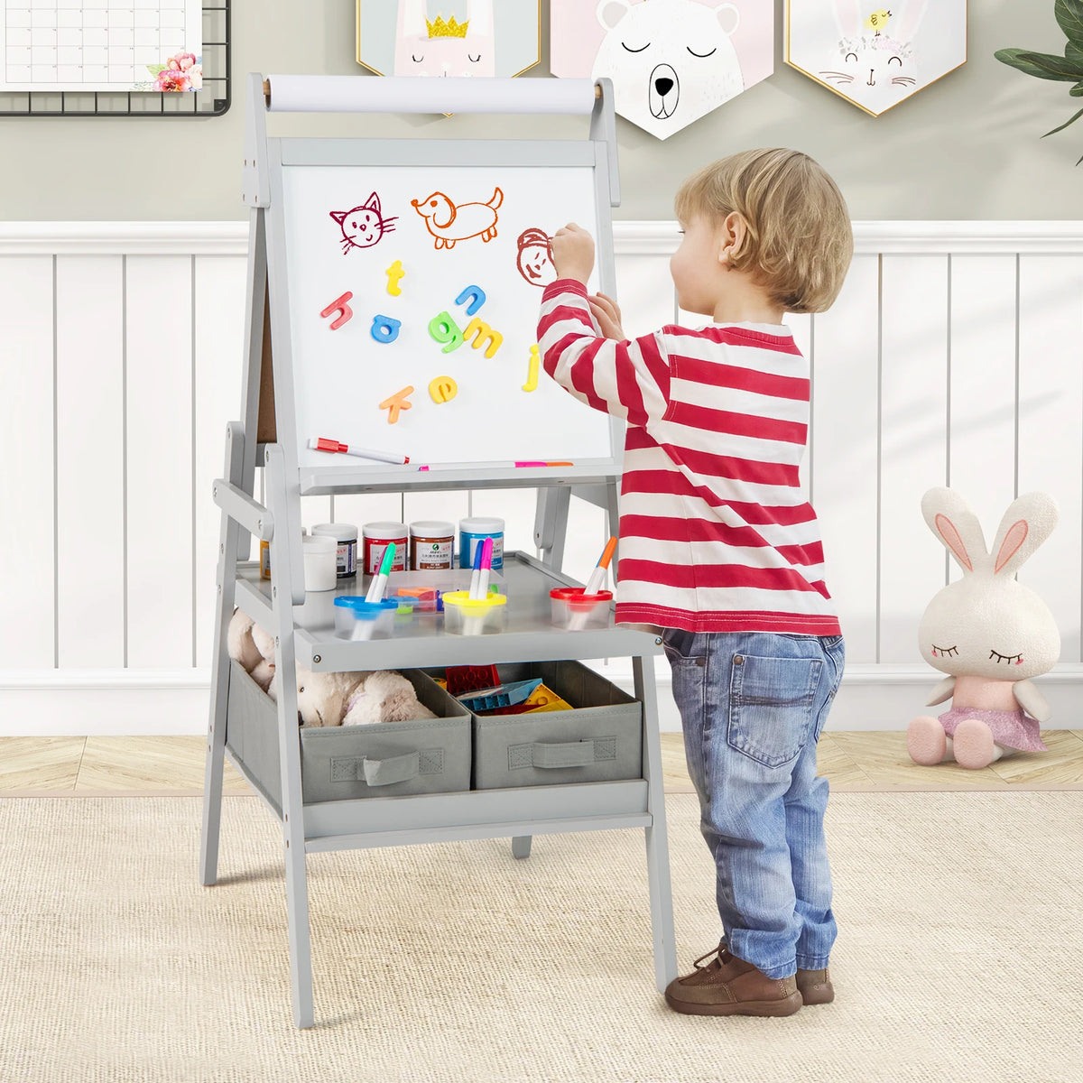 HOMASIS 3-in-1 Kids Art Easel with Magnetic Chalkboard and Whiteboard