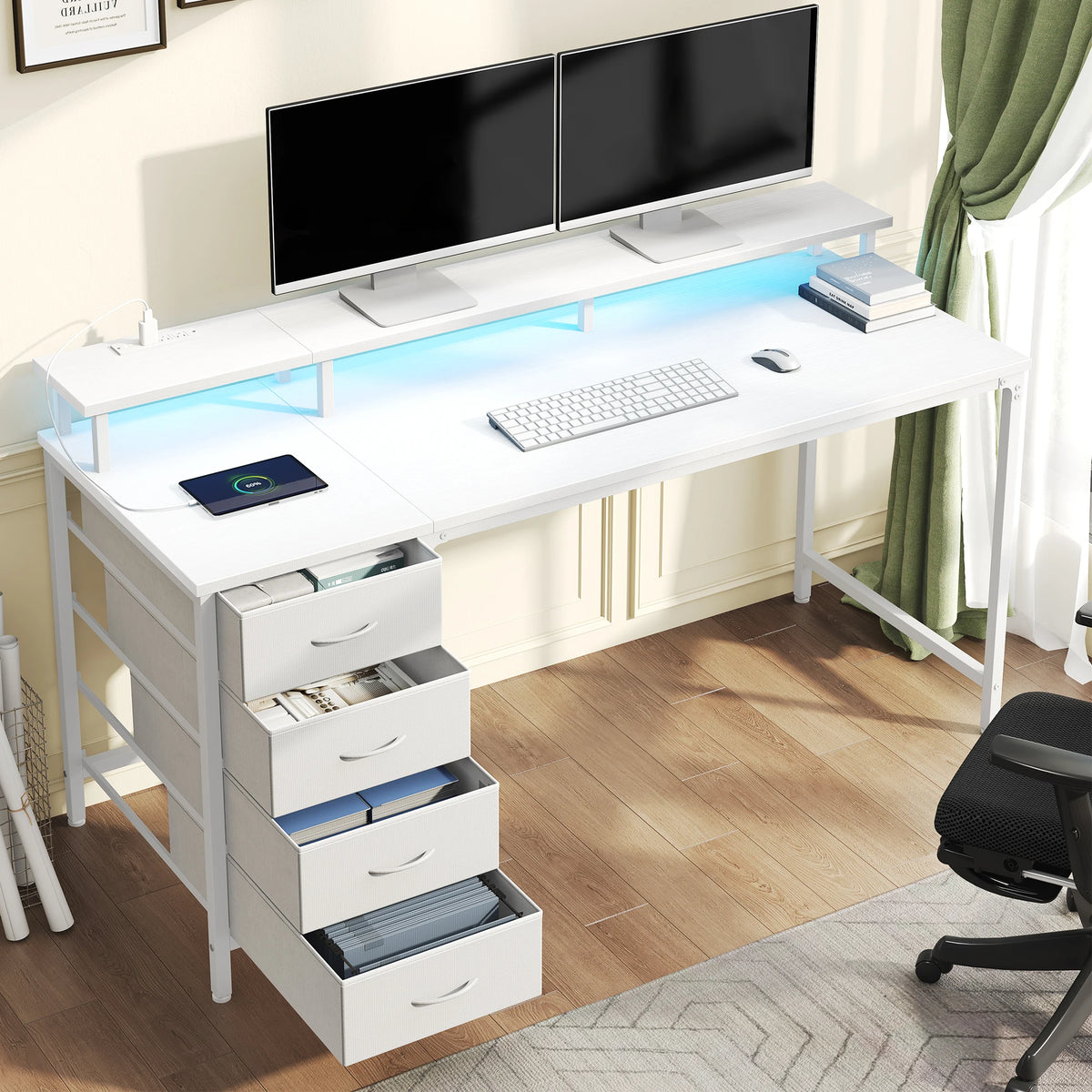 JHK Gaming Desk with Drawers, Power Outlets and LED Lighting