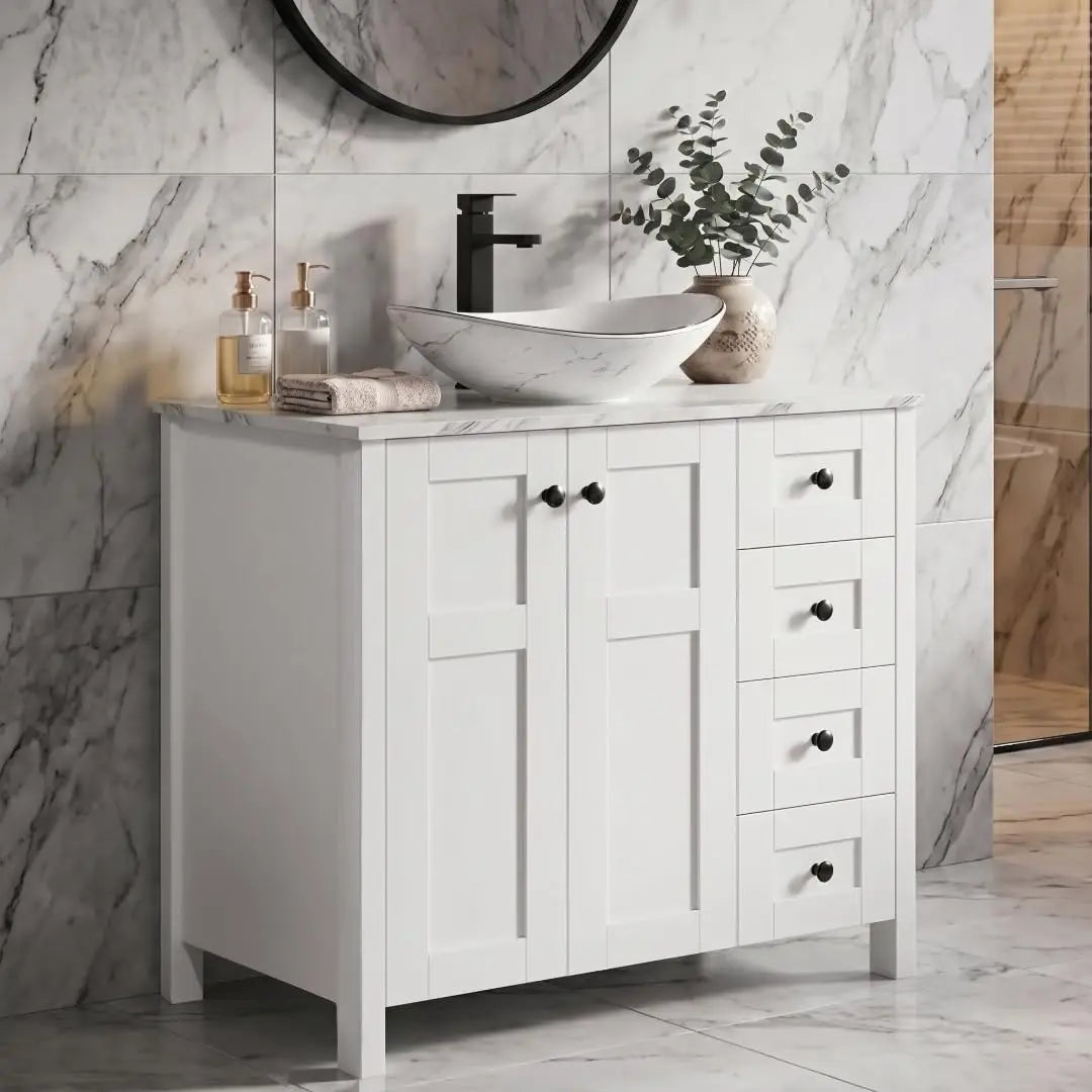 32 Inches White Bathroom Vanity with Marble Texture Top and 4 Drawers, with Marble Boat Ceramic Sink, Custom