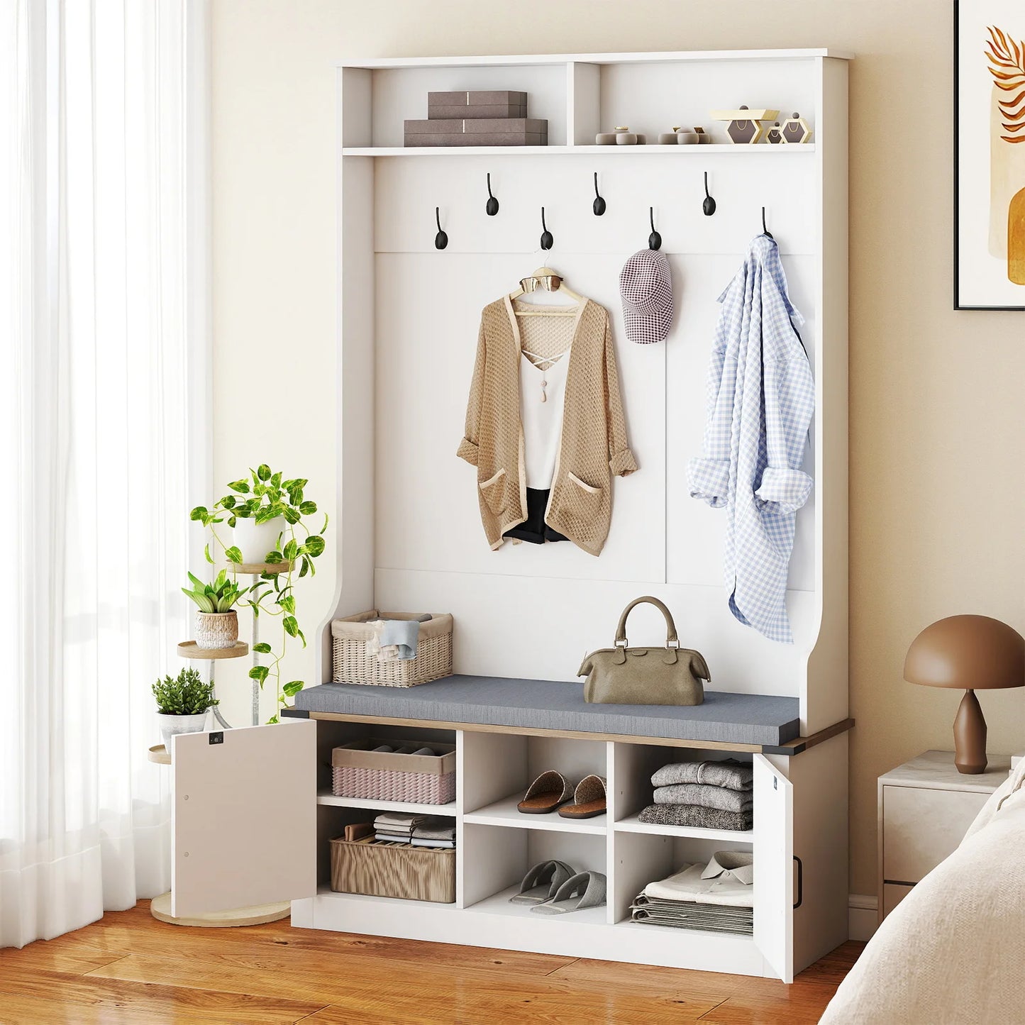 68. 5” 4-in-1 Hall Tree w/ Cushioned Bench Shoe Storage 7 Hooks 2 Cabinets White