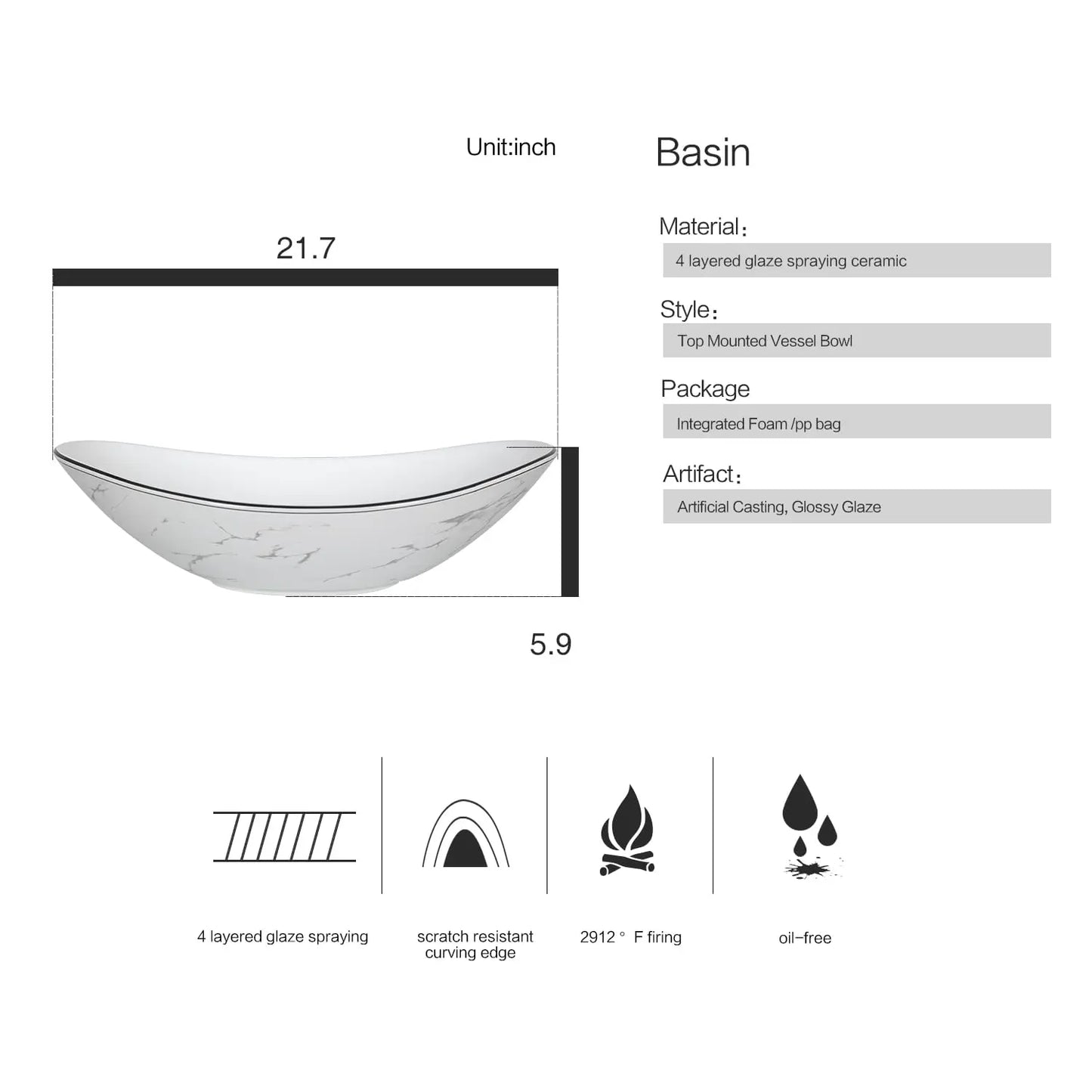 32 Inches White Bathroom Vanity with Marble Texture Top and 4 Drawers, with Marble Boat Ceramic Sink, Custom