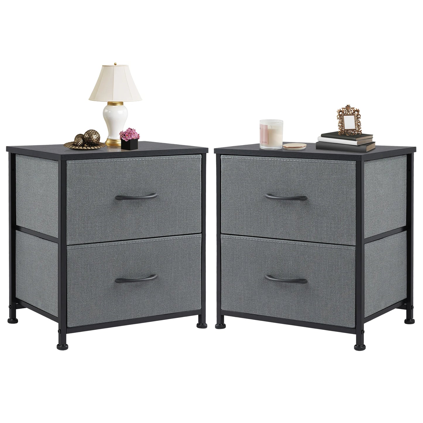 JHK Nightstand Bedside Table With Fabric Drawers And Cabinet