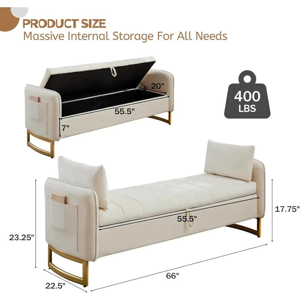 Velvet Storage Bench With Armrests And Gold Legs Pockets
