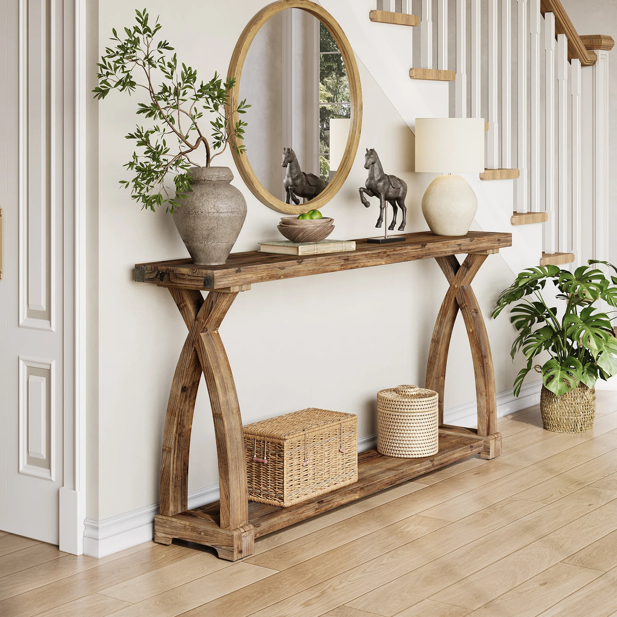 Tribesigns Solid Wood Farmhouse Console Table With Tiered Storage