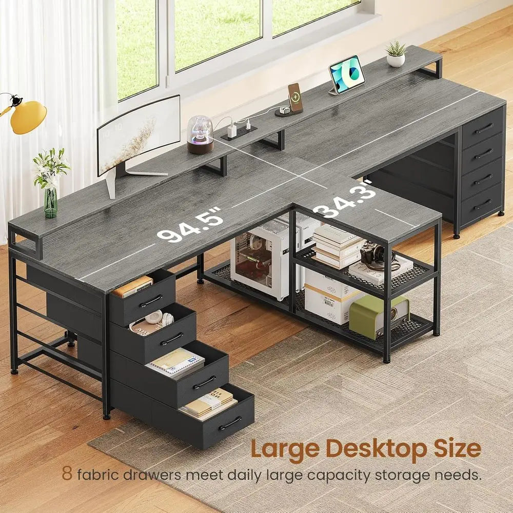 Two Person Gaming Desk with Drawers LED Lights Power Strip