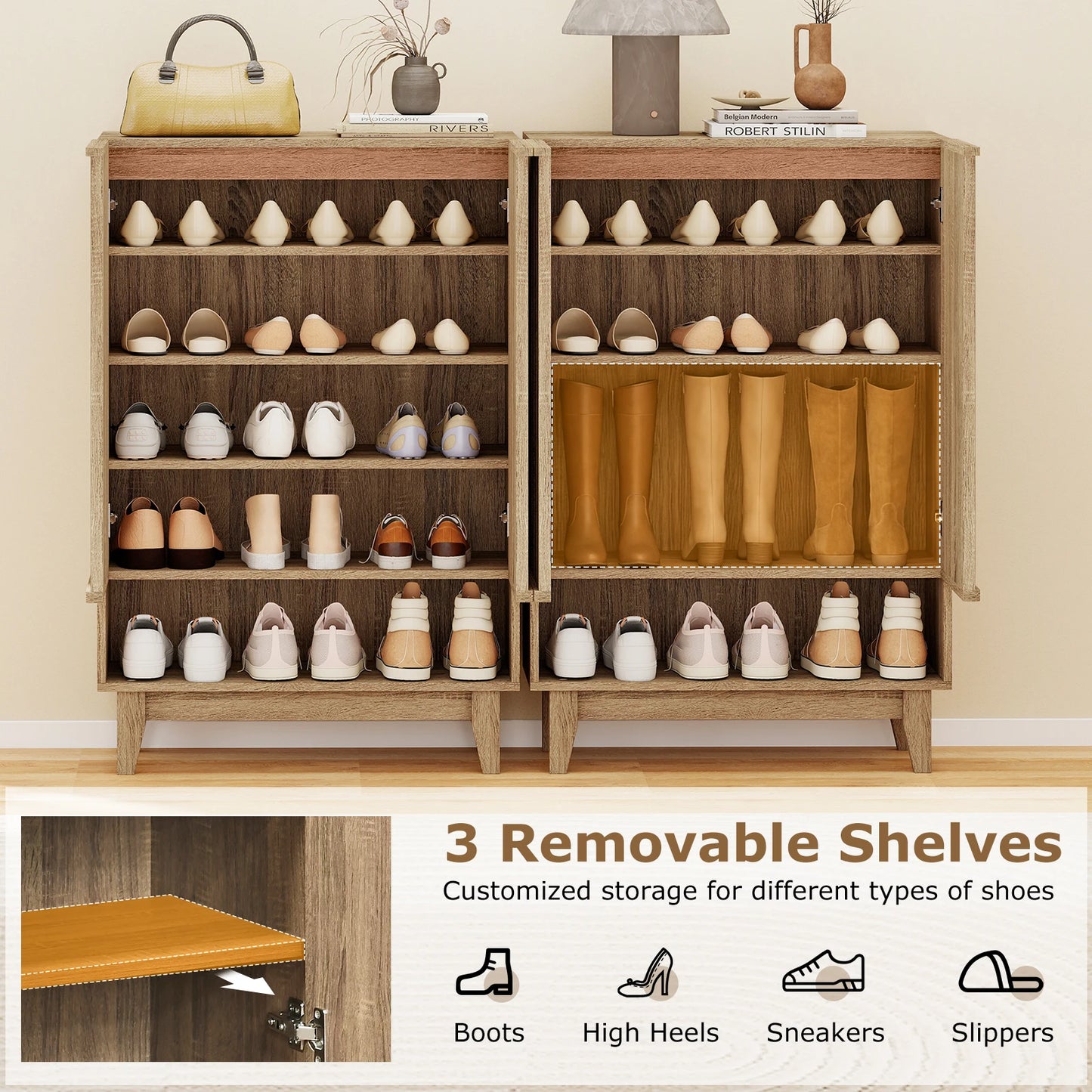 Shoe Cabinet, 6-Tier Shoe Storage Organizer w/ 2 Fluted Doors 3 Removable Shelves