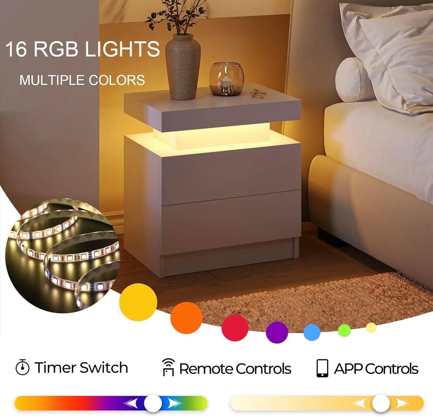 White LED Nightstand With Two Wood Drawers Bedside Table