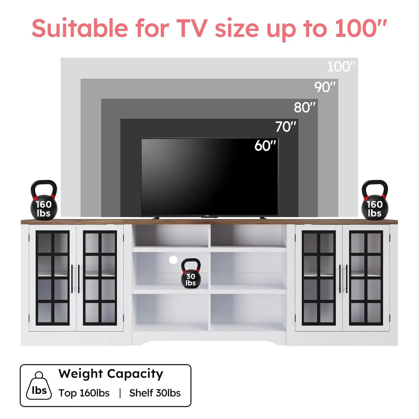 Farmhouse TV Stand for TVs up to 100", Modern Entertainment Center with 2 Cabinets and 3-Tier Open Shelves, Rustic, Customized